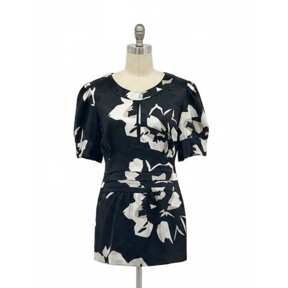 Apostrophe Floral Puff Sleeve Blouse Black White Satin Tie Back Large